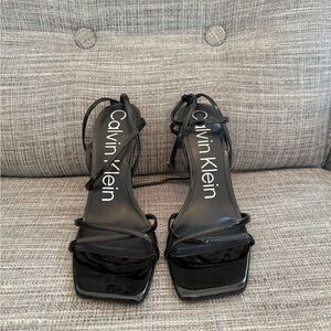 Calvin Klein Black Patent Strappy Square-Toe Heels